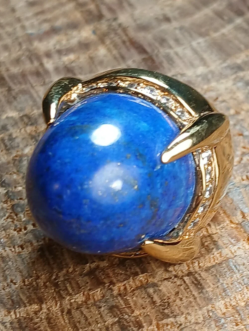 Gold-Tone Lapis Lazuli Statement Ring with Pavé Accents Size 5